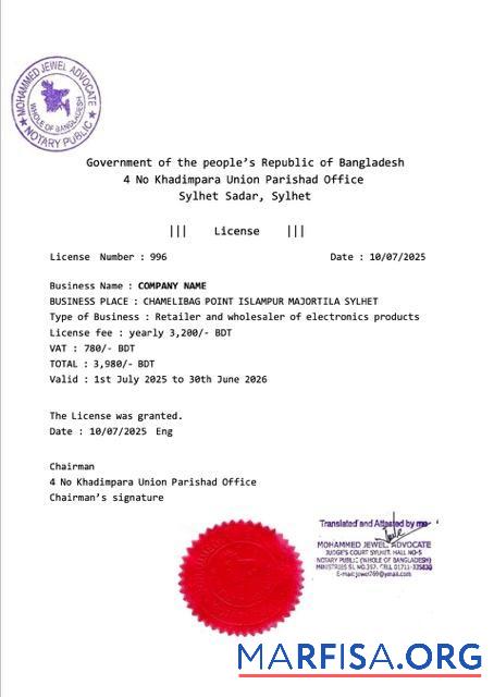 Realistic Bangladesh business license Word and PDF template